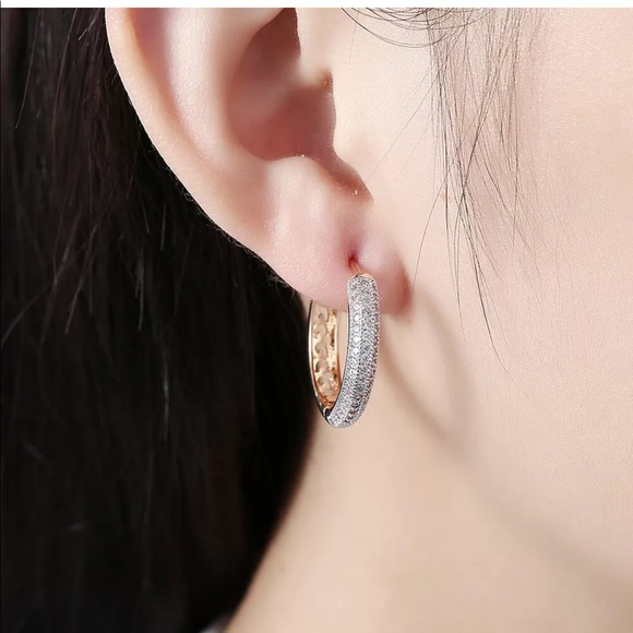 New Yellow Gold Plated Diamond Round Hoop Earrings - Picture 5 of 6